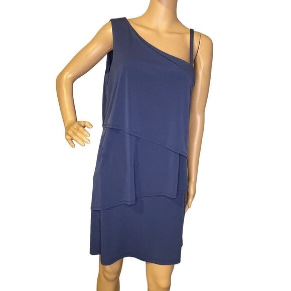 Vince Camuto Tiered Layered Mini Dress Navy Blue One Shoulder Sleeveless Size 10 - Picture 1 of 14